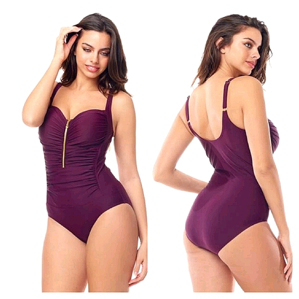 Sea & Sand Beachwear Wine Zip Front One Piece 18W